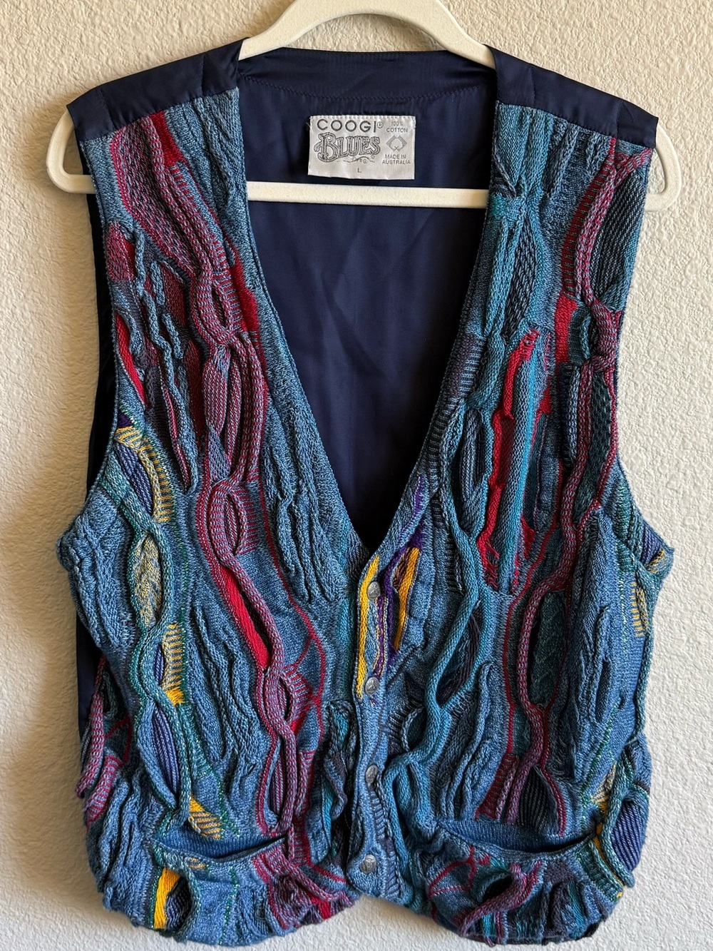 COOGI Vintage Multicolor Textured Knit Vest Blue Cotton Large 80's Funky